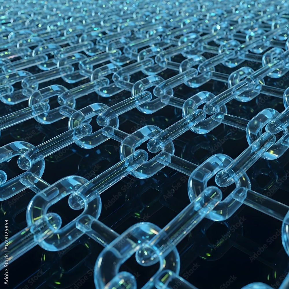 Poster abstract representation of interconnected transparent links forming a grid pattern on a dark surface