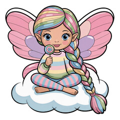 Colorful fairy character sitting on a cloud holding a lollipop, cheerful and whimsical design