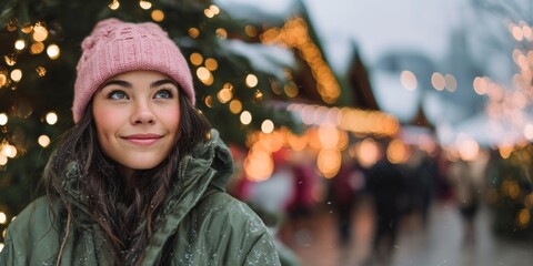 Young beautiful woman wearing pink knitted winter hat in a Christmas market in the city.