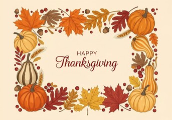 Happy Thanksgiving Greeting Card with Autumn Leaves and Pumpkins