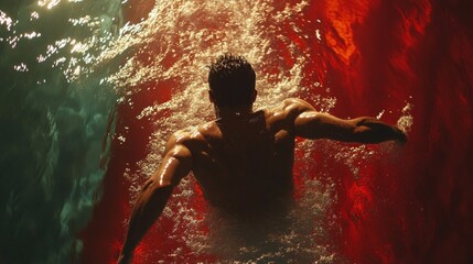 The silhouette of a swimmer in a pool with the play of light and water conveys dynamism and energy, ideal for sports projects and advertising fitness clubs.