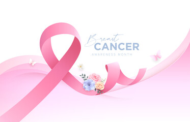 Breast cancer awareness background with curly pink ribbon in curly white background. Banner template with butterfly and rose illustration. Vector illustration.