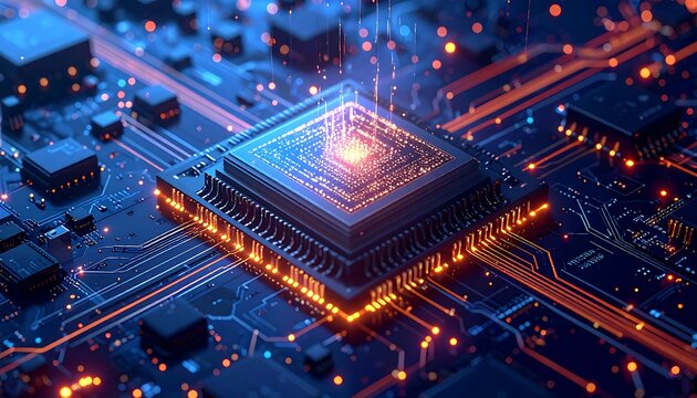 Detailed circuit board with glowing processor