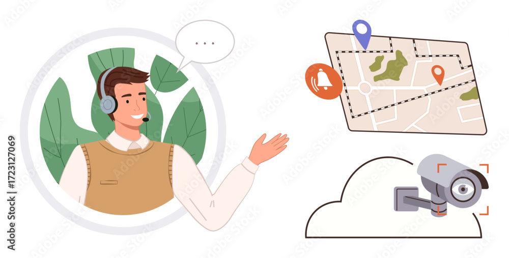 Aufkleber customer service agent wearing a headset interacts virtually, map navigation with pins and alerts, c