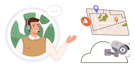 Customer service agent wearing a headset interacts virtually, map navigation with pins and alerts, cloud-connected surveillance camera. Ideal for customer service, navigation, security, technology