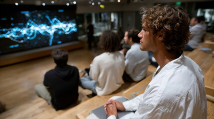 An audience attentively watching a digital presentation on data visuals, highlighting the importance of sharing insights in a collaborative learning space.