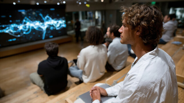 An audience attentively watching a digital presentation on data visuals, highlighting the importance of sharing insights in a collaborative learning space.