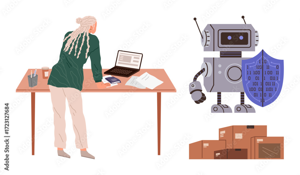 Poster woman analyzing documents and laptop on desk, robotic assistant holding shield with binary code, sta