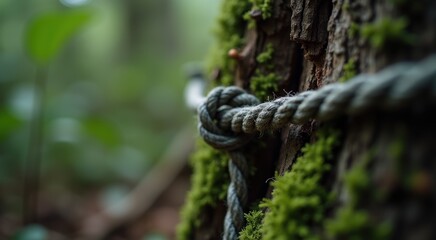 Rope wrapped around a tree trunk in the woods