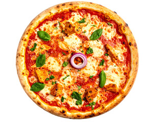 A whole, round pizza with a thin crust, topped with tomato sauce, mozzarella cheese, grilled chicken, red onion slices, and fresh basil leaves