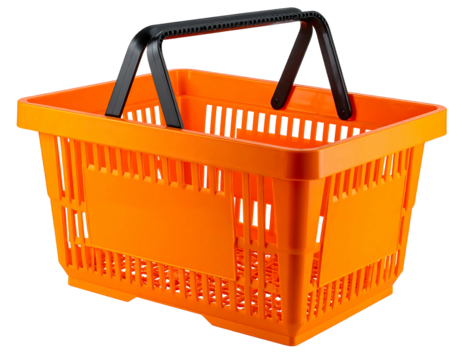 Bright orange plastic shopping basket with black handles, rectangular shape, and a grid-like structure