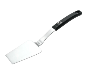 A stainless steel spatula with a black, ergonomic handle, angled for easy flipping and serving, featuring a broad, flat blade ideal for delicate foods