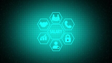 Glowing sky blue hexagonal interface highlights the concept of "Salary" symbolizing collaboration, unity, and productivity in a futuristic digital environment with tech-inspired visuals. - Powered by Adobe