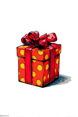 Colorful polka dot gift box with a red ribbon on a white background, ideal for festive occasions