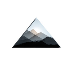 Abstract triangular graphic design featuring grayscale mountains and sunrise