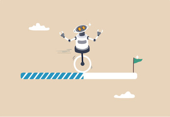 AI artificial intelligence implementation progress, adoption or evolution to improve AI innovation, learning or change to optimize success concept, smart AI robot run on progress bar to reach target. 