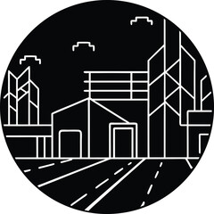 cyberpunk city street neon signs line art drawing