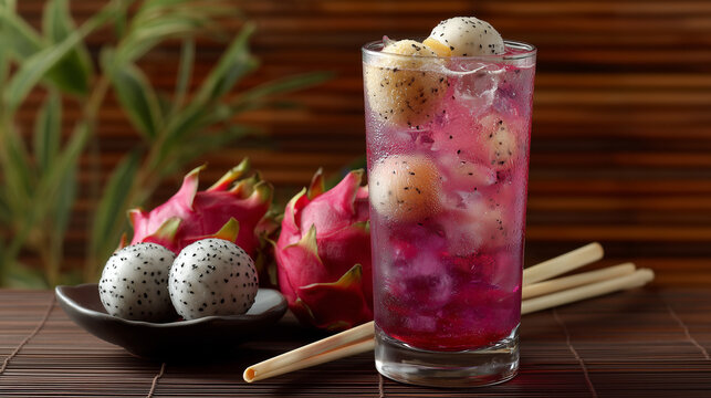 This image shows a refreshing exotic drink made with dragon fruit and lychee, served in a tall glass filled with ice. The drink has a striking magenta color, with pieces of white dragon fruit and lych