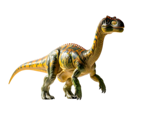 A detailed model of a small, bipedal dinosaur, predominantly yellow-brown with darker stripes and markings, showcasing intricate texturing and realistic posture against a black backdrop