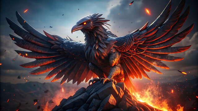 A Colossal Raven Sculpted From Obsidian With Glowing Highlights