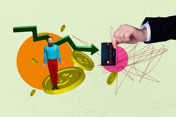 Creative artwork template sketch collage of young man stand hand hold credit card arrow point coin dollars wealth budget earnings currency