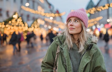 Blond woman wearing pink knitted winter hat in a Christmas market in the city.