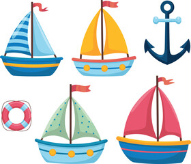 nautical clipart set, sailboats, anchor, life preserver, maritime illustration, ocean travel, kids boat drawing, sea adventure