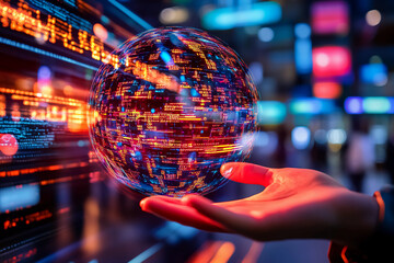 Luminous sphere of bursting binary numbers merging with dynamic augmented reality layers floating above an open palm in futuristic digital concept