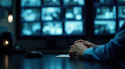 Obraz premium Security guard’s hands on desk in front of multiple surveillance monitors