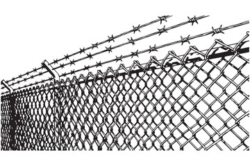 Closeup of a chainlink fence with barbed wire on top