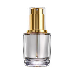 Clear glass pump bottle with gold accents.  Empty cosmetic product packaging