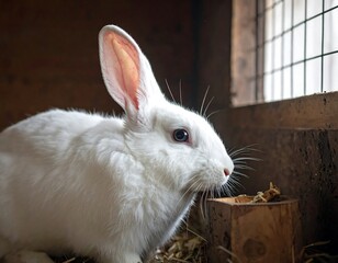 Close-up of white rabbit in wooden hutch