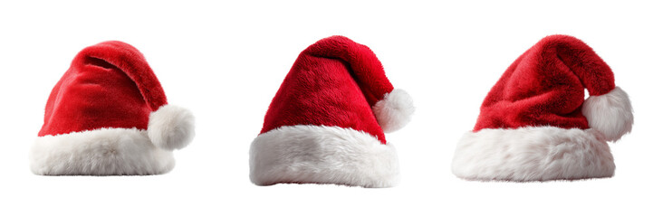 Set of Christmas Santa hat in vibrant red with fluffy white edge and pom-pom on transparent png background. Ai generated