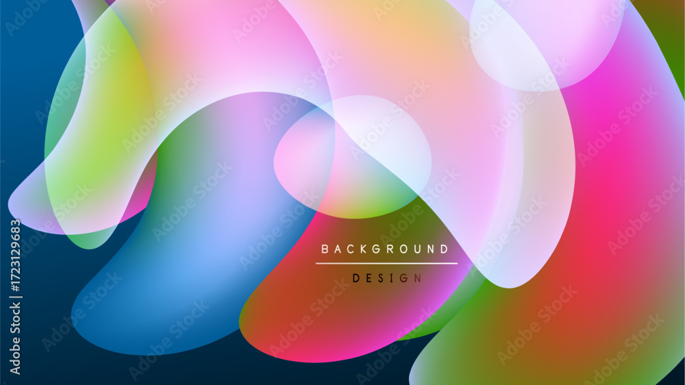 Poster abstract colorful shapes overlap, creating vibrant fluid design. background is black, emphasizing br