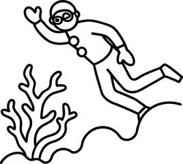 diver exploring coral reef underwater line art