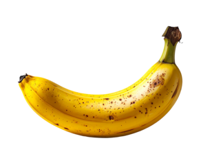 A single, ripe banana with dark brown freckled spots across its yellow peel, photographed against a black background.  The banana is slightly curved,