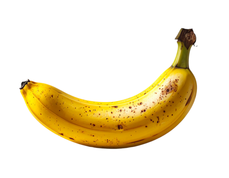 A single, ripe banana with dark brown freckled spots across its yellow peel, photographed against a black background.  The banana is slightly curved,