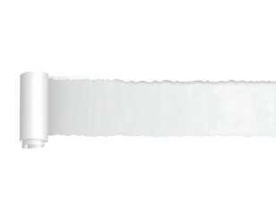 A long, white paper banner, torn at the edges, is rolled at both ends, creating a ragged, scroll-like effect against a black background