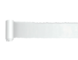 A long, white paper banner, torn at the edges, is rolled at both ends, creating a ragged, scroll-like effect against a black background