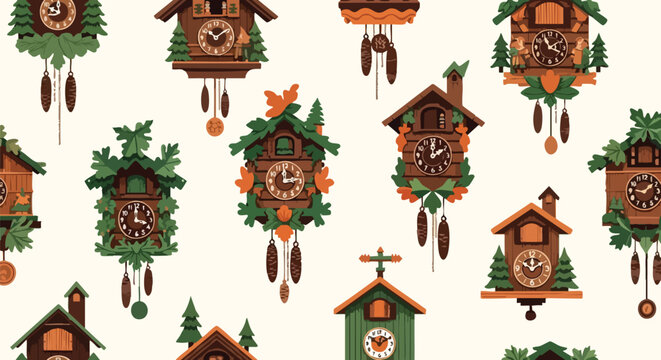 Charming collection of vintage cuckoo clocks adorned with playful forest motifs, bringing whimsical woodland charm to any space.