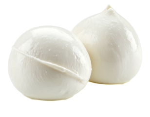 Two smooth, pearly-white balls of fresh mozzarella cheese, glistening, one slightly larger than the other, set against a black background