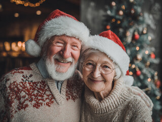 Happy elderly couple in festive hats celebrating Christmas together at home with decorated tree in the background