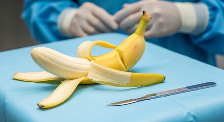 Humorous banana surgery scene with medical professional background