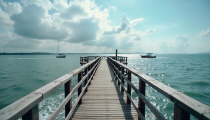 Obraz premium Scenic wooden pier extending over calm ocean waters under cloudy sky 
