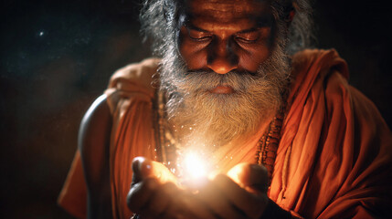 Indian priest pray for god and holy light glowing