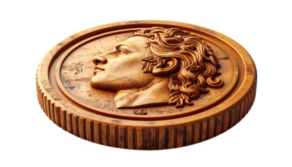 A meticulously carved, bronze-toned coin displays a classical profile portrait of a young man with flowing hair, set against a textured background.  The coin's edge features a ridged design