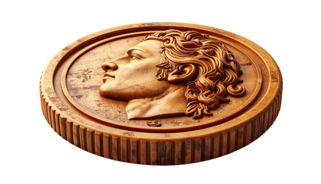 A meticulously carved, bronze-toned coin displays a classical profile portrait of a young man with flowing hair, set against a textured background.  The coin's edge features a ridged design