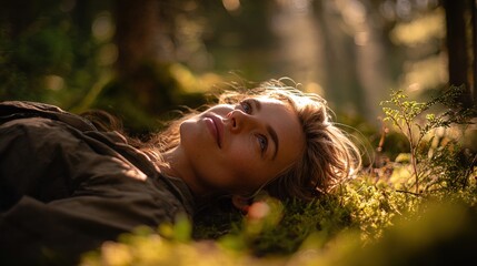 Woman lying on soft moss in serene forest capturing tranquil moments nature photography peaceful environment soft lighting connection with nature
