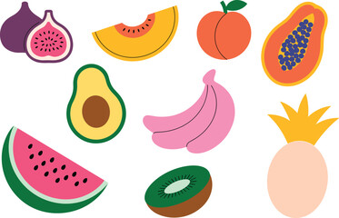 colorful fruit illustration, tropical fruits, healthy food clipart, summer produce, fresh organic drawing, vibrant juicy design