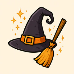 Classic Witch’s Hat with Magic Sparkles and Broomstick, Halloween Illustration for Party Posters, Stickers, Seasonal Branding, Invitations and Holiday-Themed Creative Projects in Playful Style